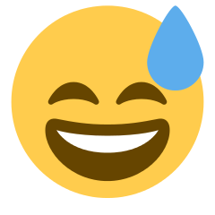Emoji bzw. Smiley: Lächelndes Gesicht mit offenem Mund und Schweißträne (SMILING FACE WITH OPEN MOUTH AND COLD SWEAT, U+1F605 (128517), 😅), Darstellung X (vormals Twitter)